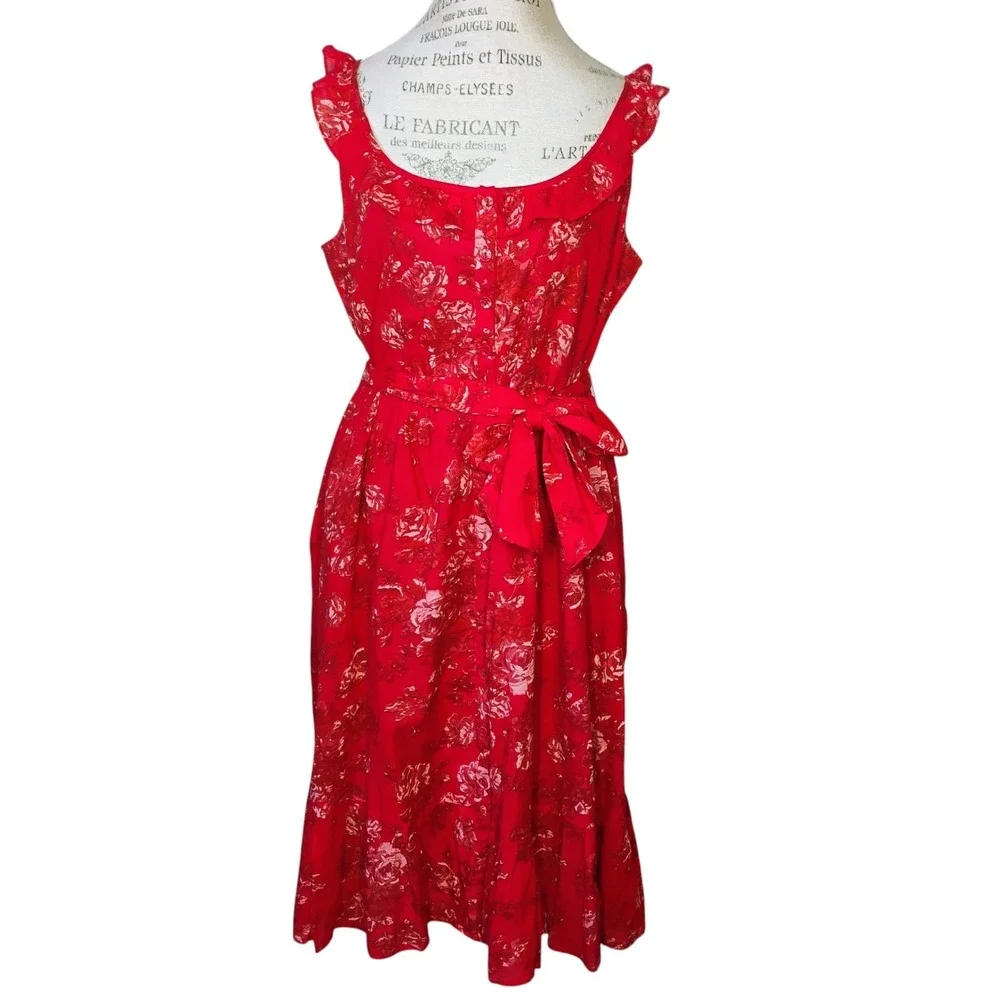 April Cornell Francesca Dress Red Womens Lg‎ Ruffle Romantic Floral Cottagecore - Picture 2 of 14